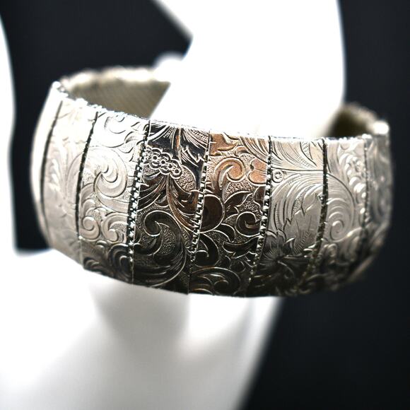 Vintage Etched Mural Floral Panel Mesh Bracelet, Silver Tone, 7 Inches, 1970s - Picture 1 of 10